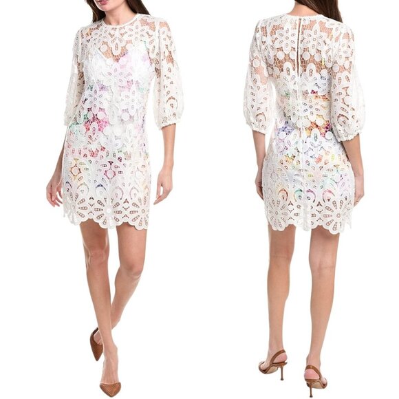 Johnny Was - NWT ‘Lisetta’ Lace Mini Dress in Ivory w/ Floral Slip - White Small - Picture 1 of 15